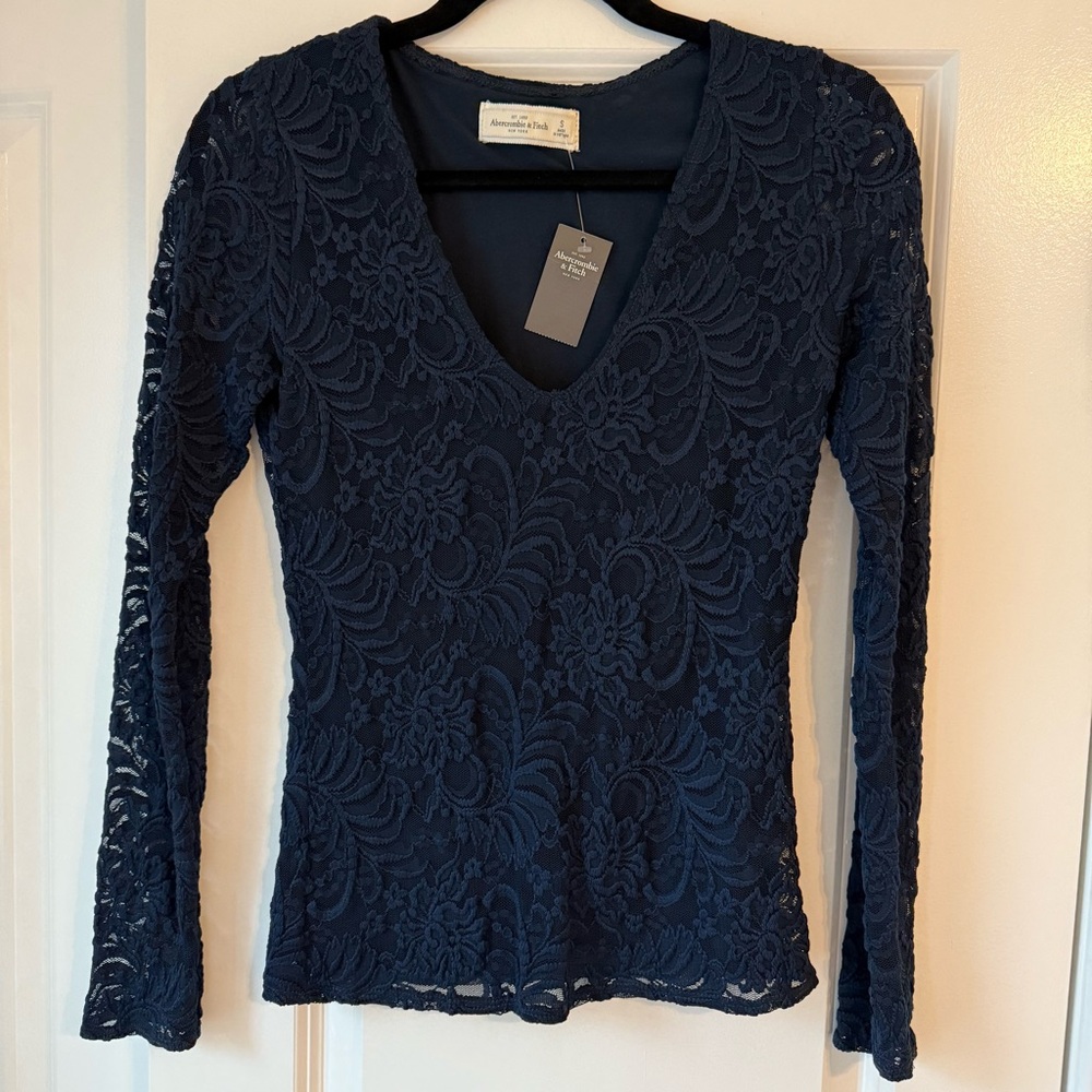 Abercrombie & Fitch Deep Blue Lace V-Neck Blouse